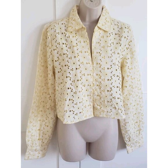 NEW FREE PEOPLE A LITTLE DREAM EYELET EMBROIDERY YELLOW CROP BLOUSE LARGE - Picture 3 of 8